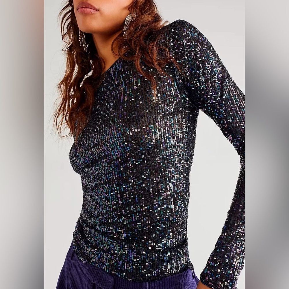 NWOT Free People Women's Gold Rush Long-Sleeve Sequin Top Size Small